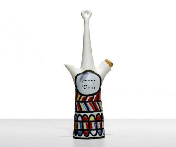 Roger Capron Ceramic "Gin" bottle, Vallauris, 1956: Roger Capron Ceramic "Gin" bottle, Vallauris, France, c. 1956 Dimensions: 14.5h x 3.5w inches, glazed and hand painted ceramic, signed by Capron Literature: Pierre Staudenmeyer: Roger Capron, Céramis