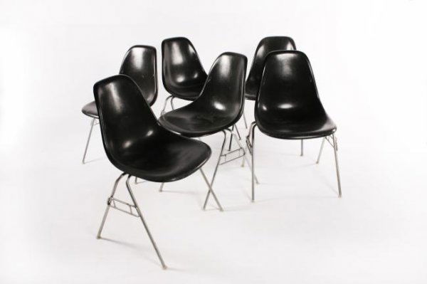 Charles & Ray Eames Dining chairs, set of 6, 1980: Charles & Ray Eames Dining chairs, set of 6, USA circa 1980 Herman Miller Inc., Zeeland, Michigan Dimensions: 32h x 18w x 19d x 18h seat inches, grey fyberglas, chrome