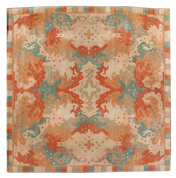 Edward Fields Rug designed by Steven Chase, 1983: 15w x 15long feet square, 100% pure wool, signed by "Edward Fields 1983" on reverse. "This is a 100% virgin wool rug designed by famed interior designer Steven Chase and custom loomed by Edward Fields