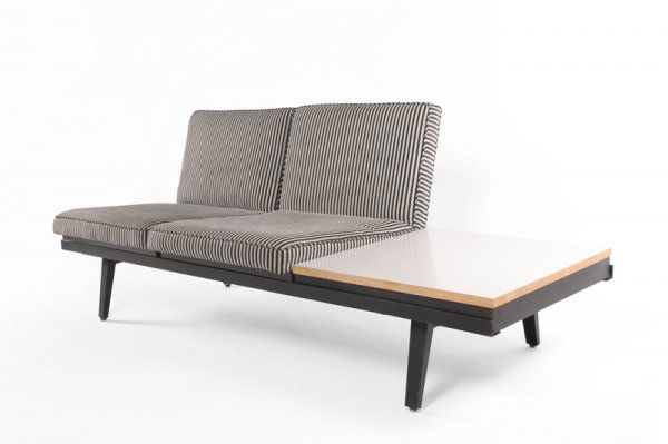 George Nelson Steel Frame sofa, USA c. 1950: 28h x 76w x 26d x 15h seat inches, black enameled steel, fabric, laminated wood, Herman Miller Inc., Zeeland, MI