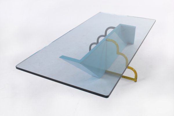 Milo Baughman Memphis style coffee table USA c. 195: 26h x 53w inches base, 32d x 61w inches, blue glas, painted metal base. High end modern design, dynamic and attractive