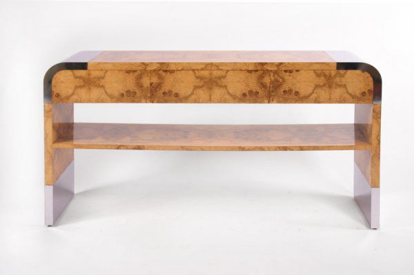 Milo Baughman Console table with drawer, USA 1950: 33h x 62w x 16d inches, burlwood and chrome