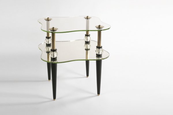 Gilbert Rohde two tier Gueridon, USA c. 1940: 26 3/4 x 24w x 24d inches, mirror, glass, bronze, lacquered mahogany