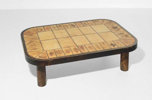Roger Capron Coffee table, Vallauris, France 1950: 12h x 40w x 27d inches, wooden base, glazed ceramic tiles with imprinted leaves, signed