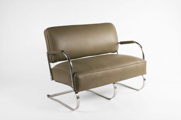 Kem Weber Loveseat, USA c.1940-1950: 32h x 42w x 20d x 15seat inches, chrome and grey leather 0