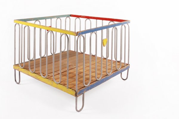 Gilbert Rohde Play Pen circa 1933-1934 by Trimble: 33.5h x 40.5w x 40.5d, tubular aluminum, painted wood, Trimble Furniute Co., Lit:Chicago World's Fair 1933-1934 by Trimble at the "Century of Progress" Exhibithion