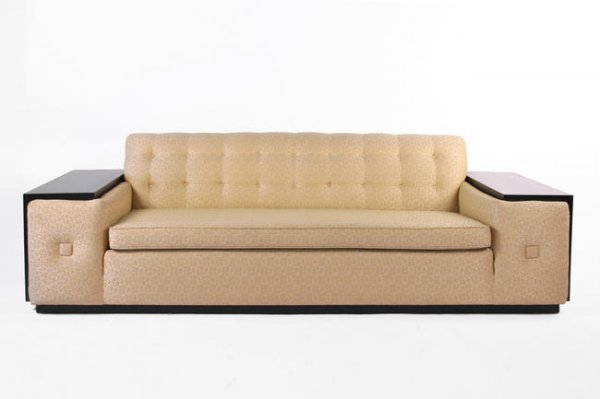 Paul Frankl Attributed sofa USA c. 1950: 30h x 100w x 35d inches, black refinished mahogany, original yellow/gold fabric