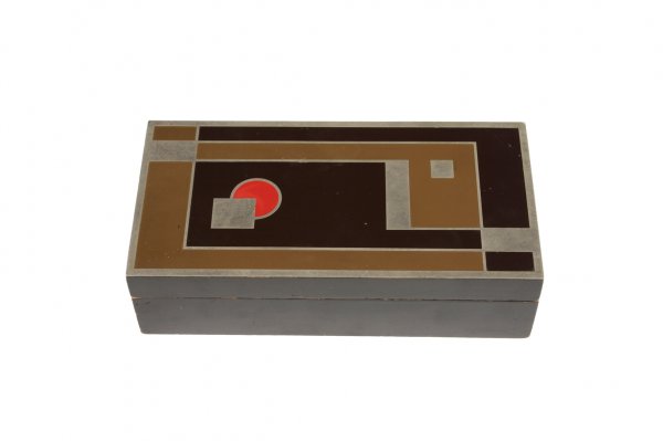 Walter Dorwin Teaque: KODAK 1A gift box c.1930: 2.5h x 8 7/8w x 4 3/8d inches, lacquered wooden base with metal inserts, Lit: Exhibithion: Metropolitan Museum of Art 1925-1940 "Design for New Age"