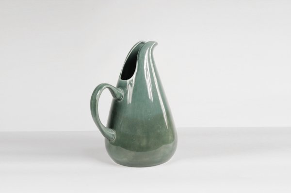 Russel Wright ceramic pitcher, USA c. 1940: 10h inches, sea green glazed ceramic, signed at bottom