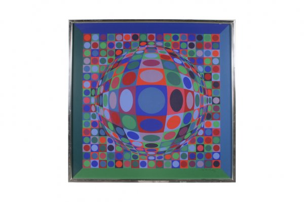 Victor Vasarely serigraph, France c. 1950-1960: 29h x 29w inches, serigraph edition 8/150 printed signo lower right, aluminum frame
