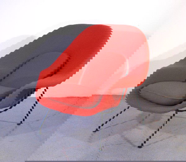 Eero Saarinen for Knoll Womb chair c. 1950: 35h x 39w x 30d x 13h seat inches, 16h seat inches with pillow, original red fabric In response to your inquiry, we are pleased to provide you with a general report of the condition of the property de