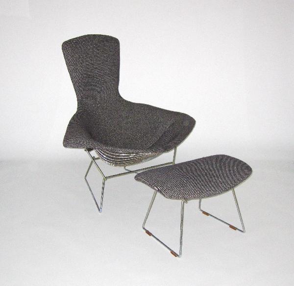 Harry Bertoia for Knoll: Bird chair with ottoman: 38h x 39w x 25d x 15h seat inches, wire work base, original grey full cover, 1960-1970