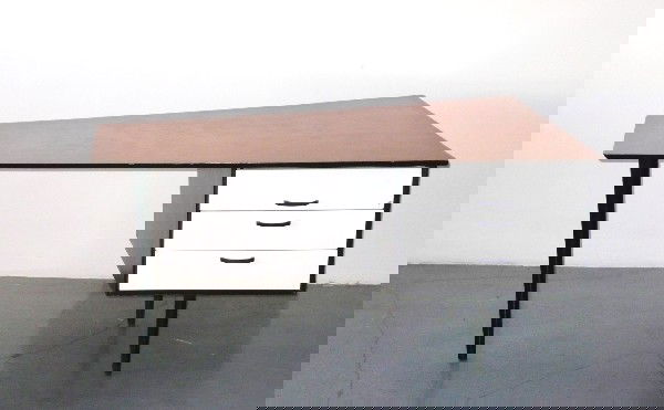 Russel Wright desk, c.1950: 29.5h x 57w x 37d inches, maple wood, black and white painted wooden drawers and base
