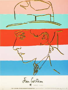 Andy Warhol: Jean Cocteau 1985 Serigraph: 38.5h x 31 3/4w inches, 7 color serigraph , E.A. Edition ( Edition of 250) , signed by pencil lower right, taken by Man Ray of Cocteau to the Severin Foundation