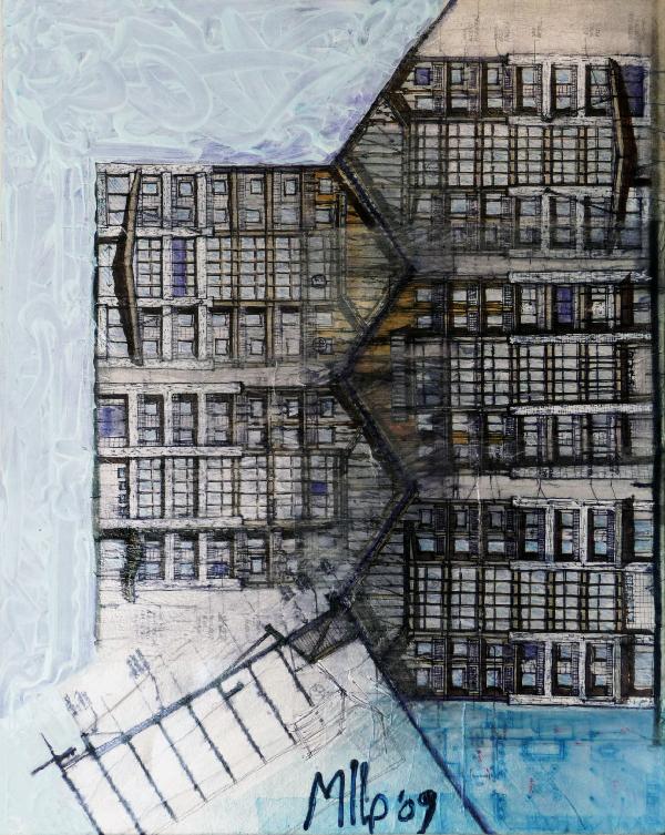 Marcello Pozzi: Crack 2009: 30h x 24w inches, Starti Collage, acrylic, marker, pen, pencil, ink, tracing paper on canavas, signed, dated