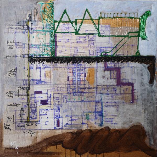 Marcello Pozzi: Sky Bridge 2009: 36h x 36w inches, Strati Collage, acrylic, marker, pen, pencil, ink, tracing paper on canavas, signed, dated