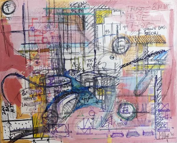 Marcello Pozzi: Untitled II. 2010: 24h x 30w inches, Strati Collage, acrylic, marker, pen, pencil, ink, tracing paper on canavas, signed, dated