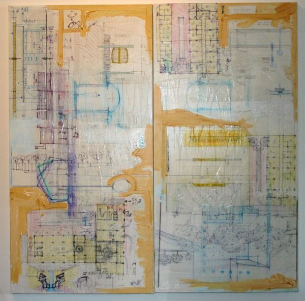 Marcello Pozzi: Dyptich 2009: 36h x 36w inches, Strati Collage, acrylic, marker, pen, pencil, ink, tracing paper on canavas, signed, dated