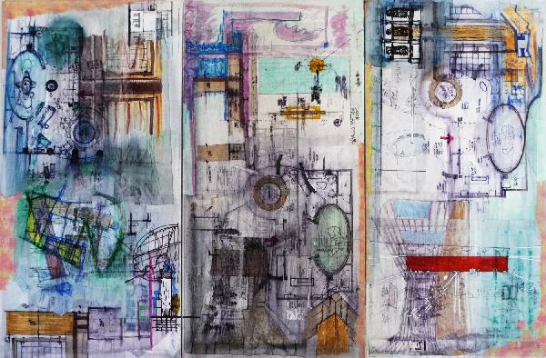 Marcello Pozzi: Untitled III. 2010: 36h x 18w inches, Strati Collage, acrylic, marker, pen, pencil, ink, tracing paper on canavas, signed, dated, made as a Tryptich with Untitled IV-V Note: On the photo you can see the tryptich...Lot 23
