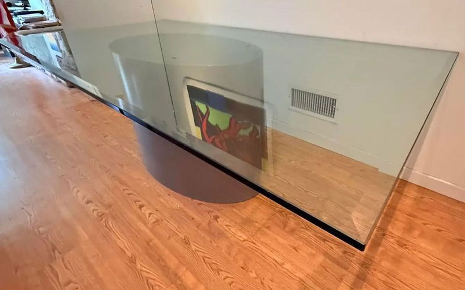 1960s Polish Metal and Glass Drum Dining Table in the Manor of Brueton: 1960s Polish Metal and Glass Drum Dining Table in the Manor of Brueton. 5/8" thick glass