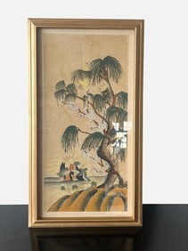 Vintage Framed Asian Art Print with Birds and Blossoming Tree