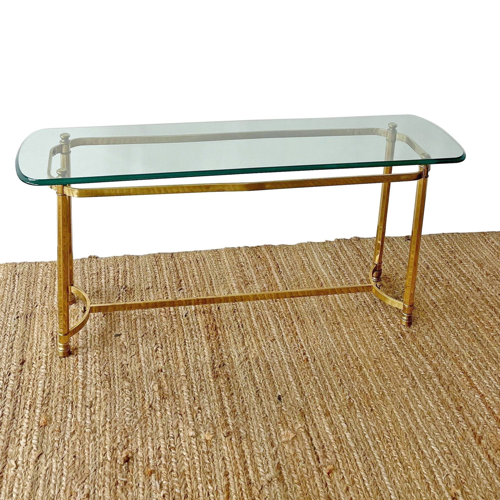 Labarge Style Glass Top Console Table: Heavy glass top on a decorative brass base
