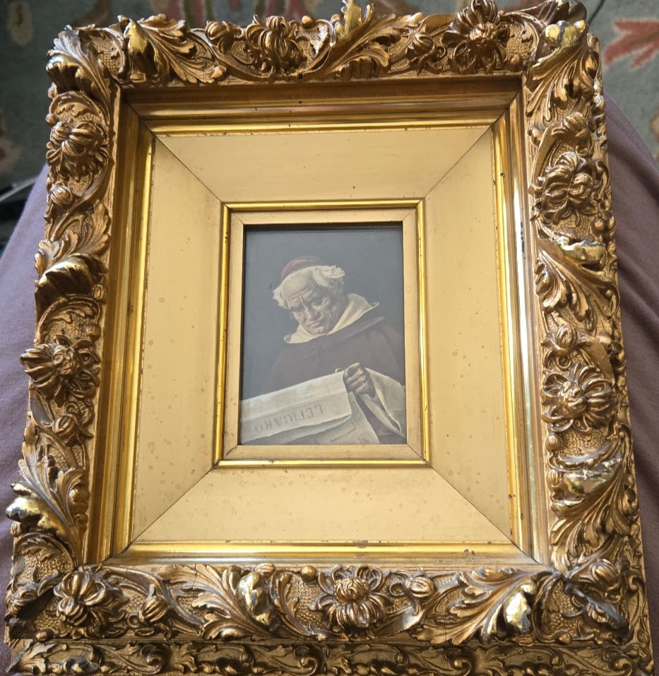Print of a Bishop in red attire reading a newspaper "Lord News"  in antique guiled frame (1 of 7)