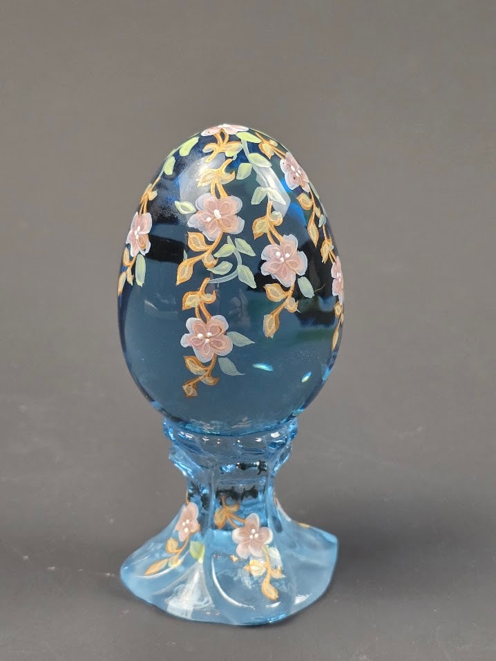Fenton Hand Painted Blue with Flowers on the Vine 211/3000: Signed A Meeks