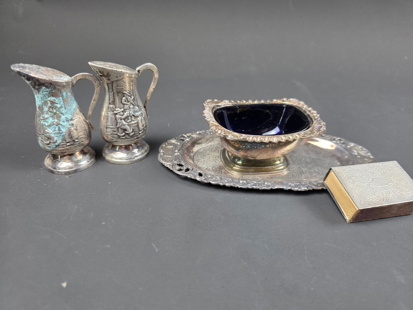 Little Silver Plate Lot with Cobalt Salt Cellar, Tray, S and P, Match Book Cover (1 of 6)