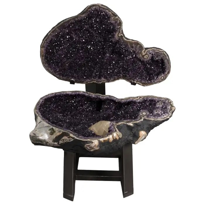 PURPLE POLISHED AMETHYST WHITE CALCITE GREY AGATE DECORATIVE OBJECT SCULPTURE: PURPLE POLISHED AMETHYST WHITE CALCITE GREY AGATE DECORATIVE OBJECT SCULPTURE Description: This is an extremely well-preserved crystal cavity, split into two parts and mounted on a specially made meta