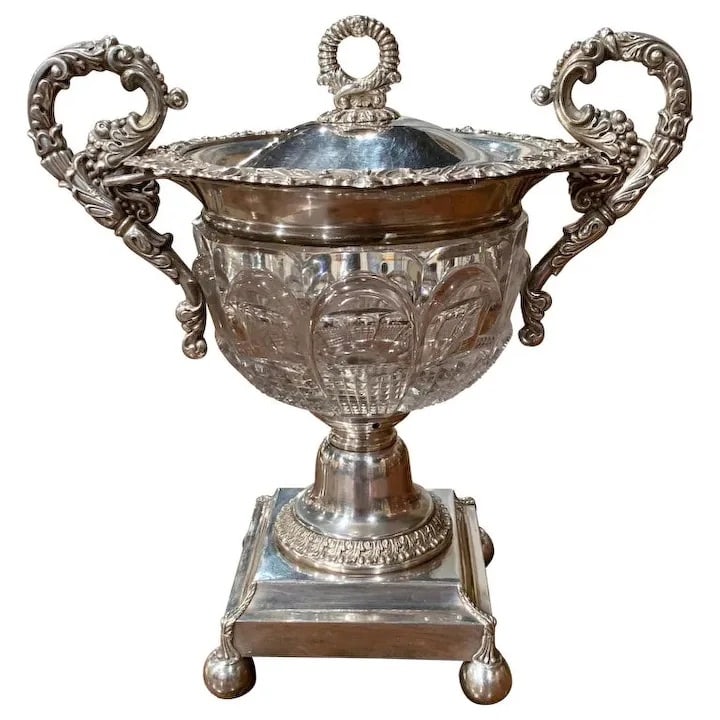 19TH CENTURY FRENCH SILVER PLATED OVER COPPER AND CRYSTAL SUGAR OR CANDY BOWL: 19TH CENTURY FRENCH SILVER PLATED OVER COPPER AND CRYSTAL SUGAR OR CANDY BOWLDescription:This elegant and grand antique sugar jar was produced in France around 1870. It is made of copper, with a