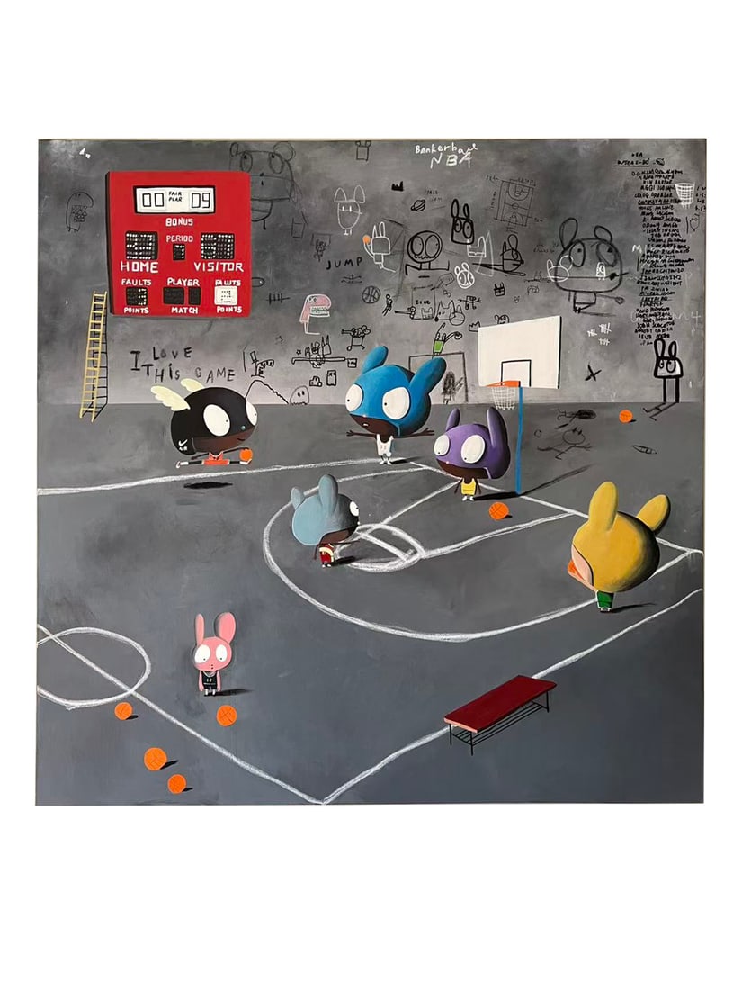 EDGAR PLANS, BASKETBALL GAME, CHARCOAL PENCIL AND ACRYLIC ON CANVAS: EDGAR PLANS, BASKETBALL GAME, CHARCOAL PENCIL AND ACRYLIC ON CANVAS Dimensions: Image size: 120 × 120 cm. All measured values are approximate. Provenance and Authenticity: This item includes a certif
