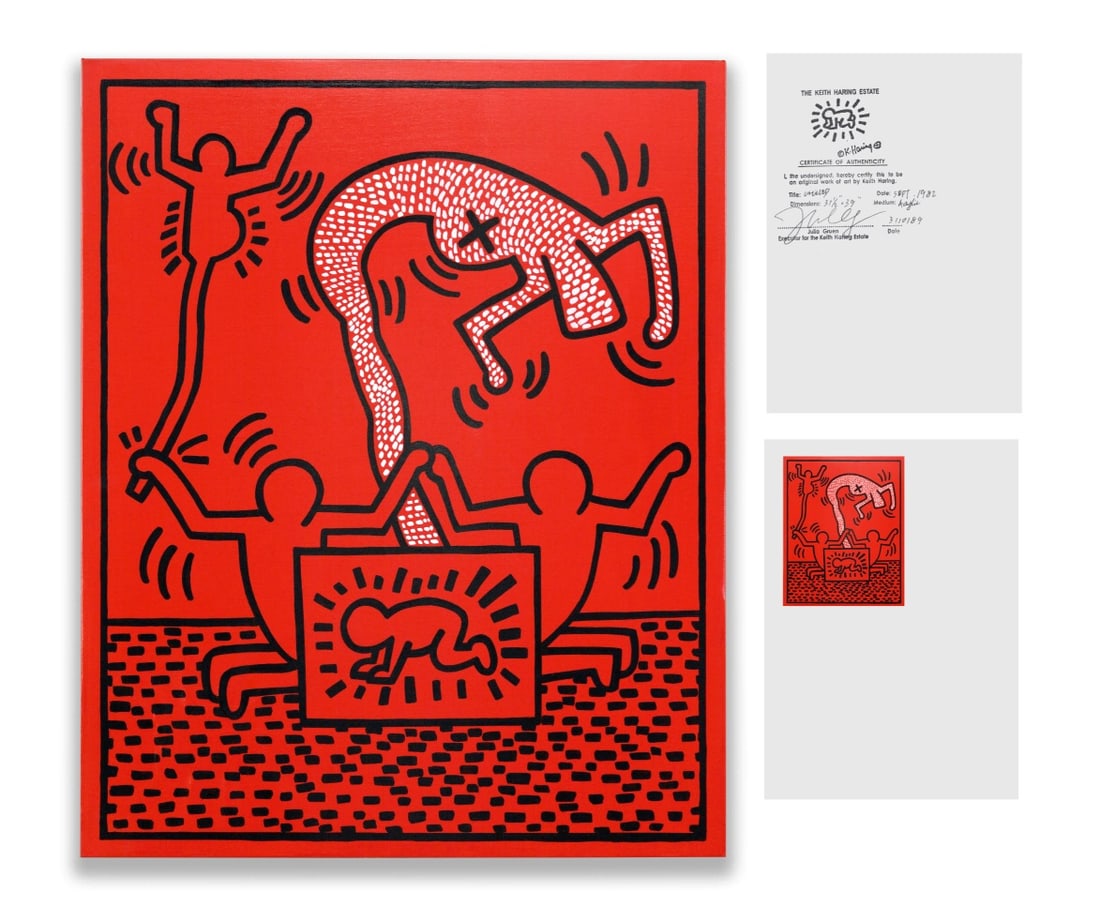 KEITH HARING (1958-1990), ACRYLIC ON CANVAS: KEITH HARING (1958-1990), ATTRIBUTED TO, ACRYLIC ON CANVASDimensions:Image size99 x 80 cm. All measured values are approximate.Provenance and Authenticity:This item includes a certificate of