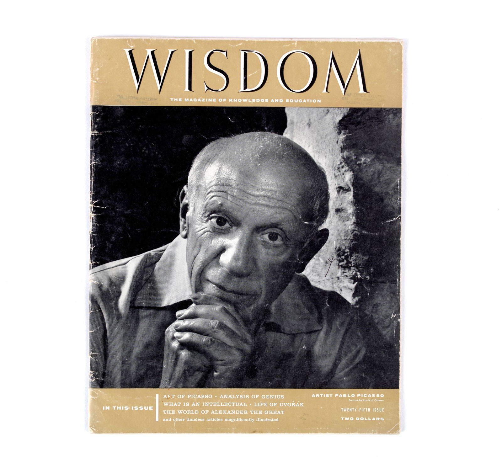 PABLO PICASSO, WISDOM MAGAZINE (1958): Description: The lot consists of the 1958 issue of Wisdom Magazine (Volume 26), which features a dedicated biographical study and portrait of Pablo Picasso. This prestige publication is presented in a