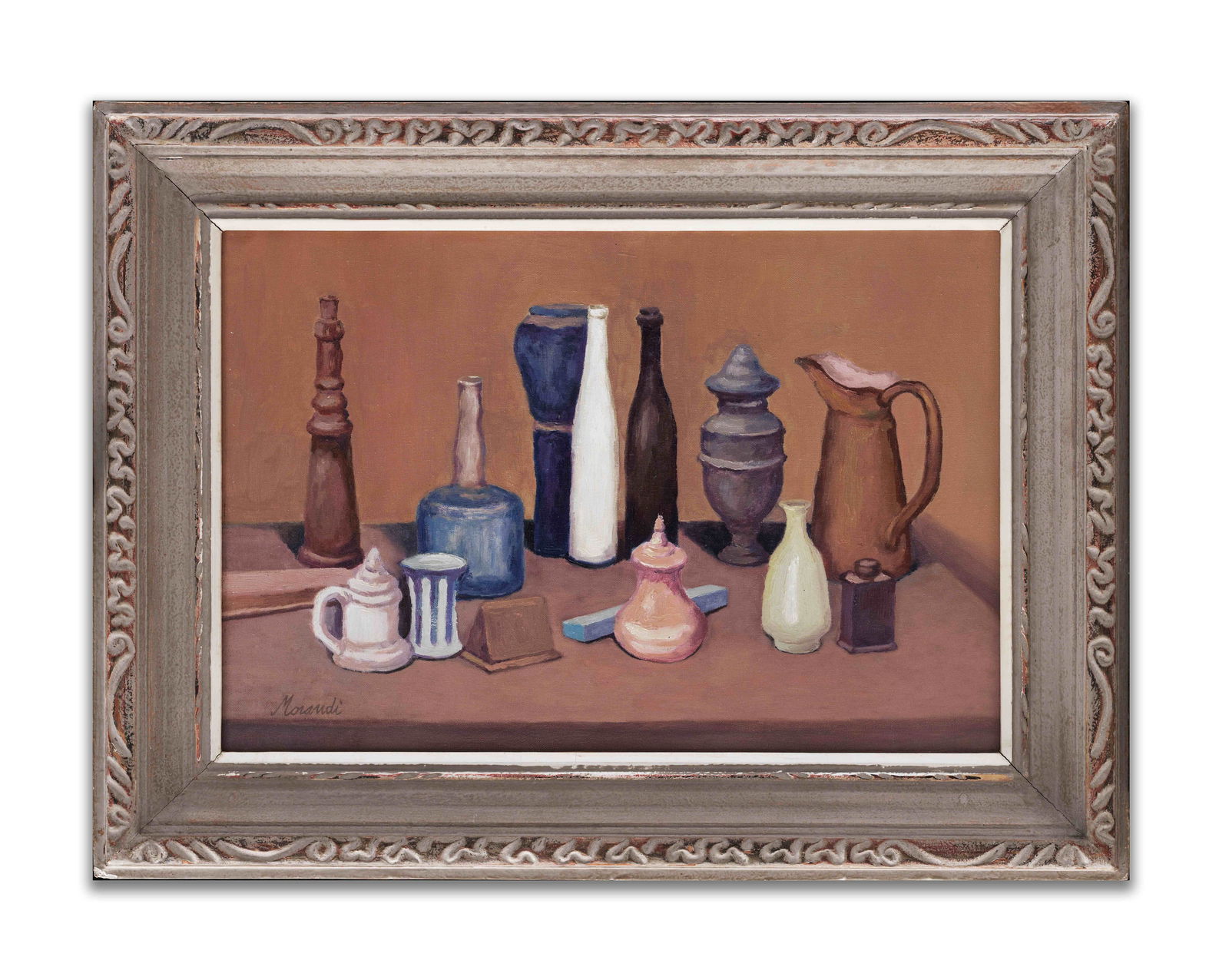 OIL ON CANVAS.IN THE STYLE OF GIORGIO MORANDI (1890–1964): OIL ON CANVAS.IN THE STYLE OF GIORGIO MORANDI (1890–1964)Dimensions:Image size All measured values of 16 x 24 inches are approximate. Outer frame size :23 x 30 7/8 inches. All measured values are