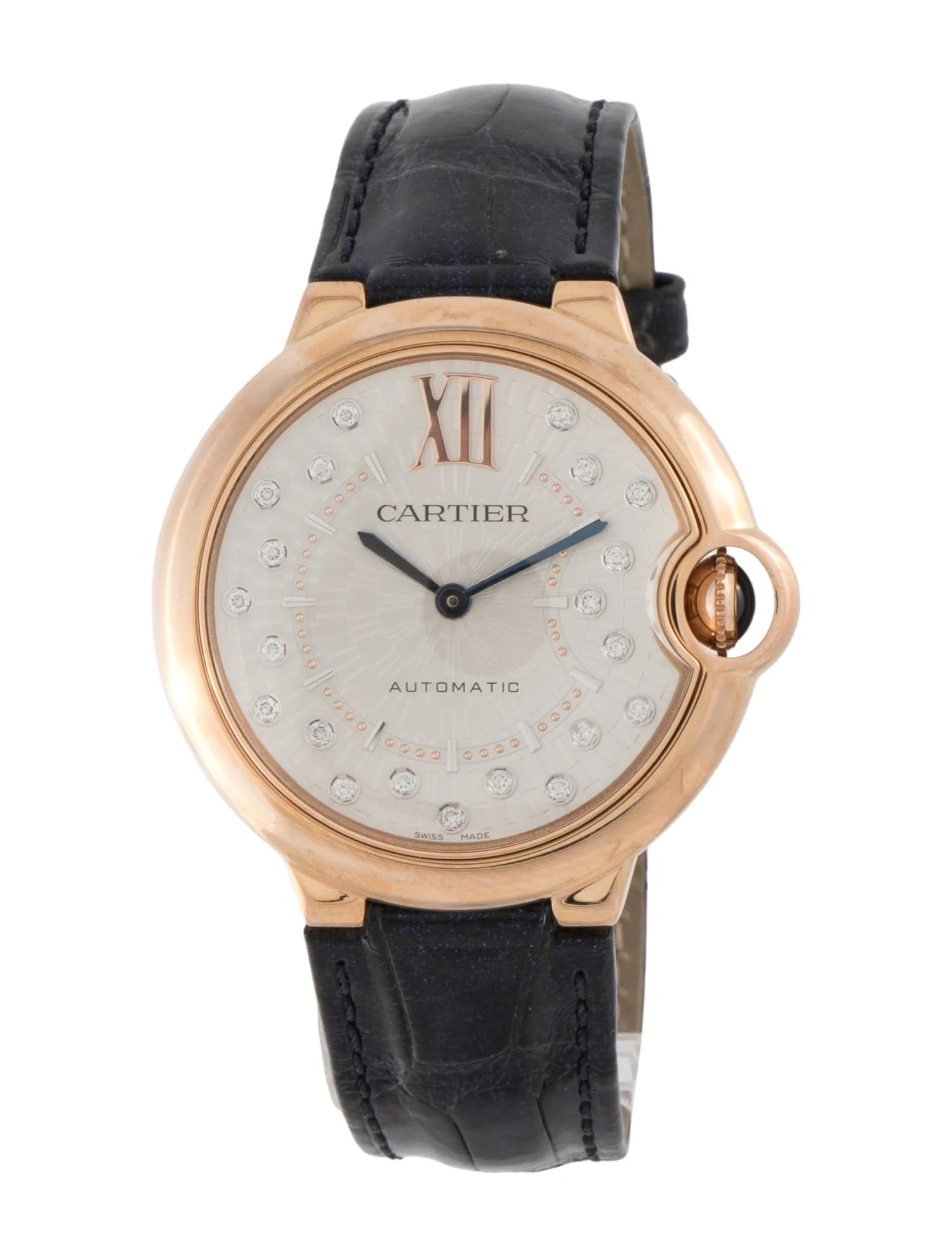 BALLON BLEU DE CARTIER WATCH: BALLON BLEU DE CARTIER WATCHDescription:Ballon Bleu de Cartier Collection36mm Case Dimension18K Rose GoldAutomatic MovementSmooth BezelSilver DialBlue Alligator StrapTang Buckle