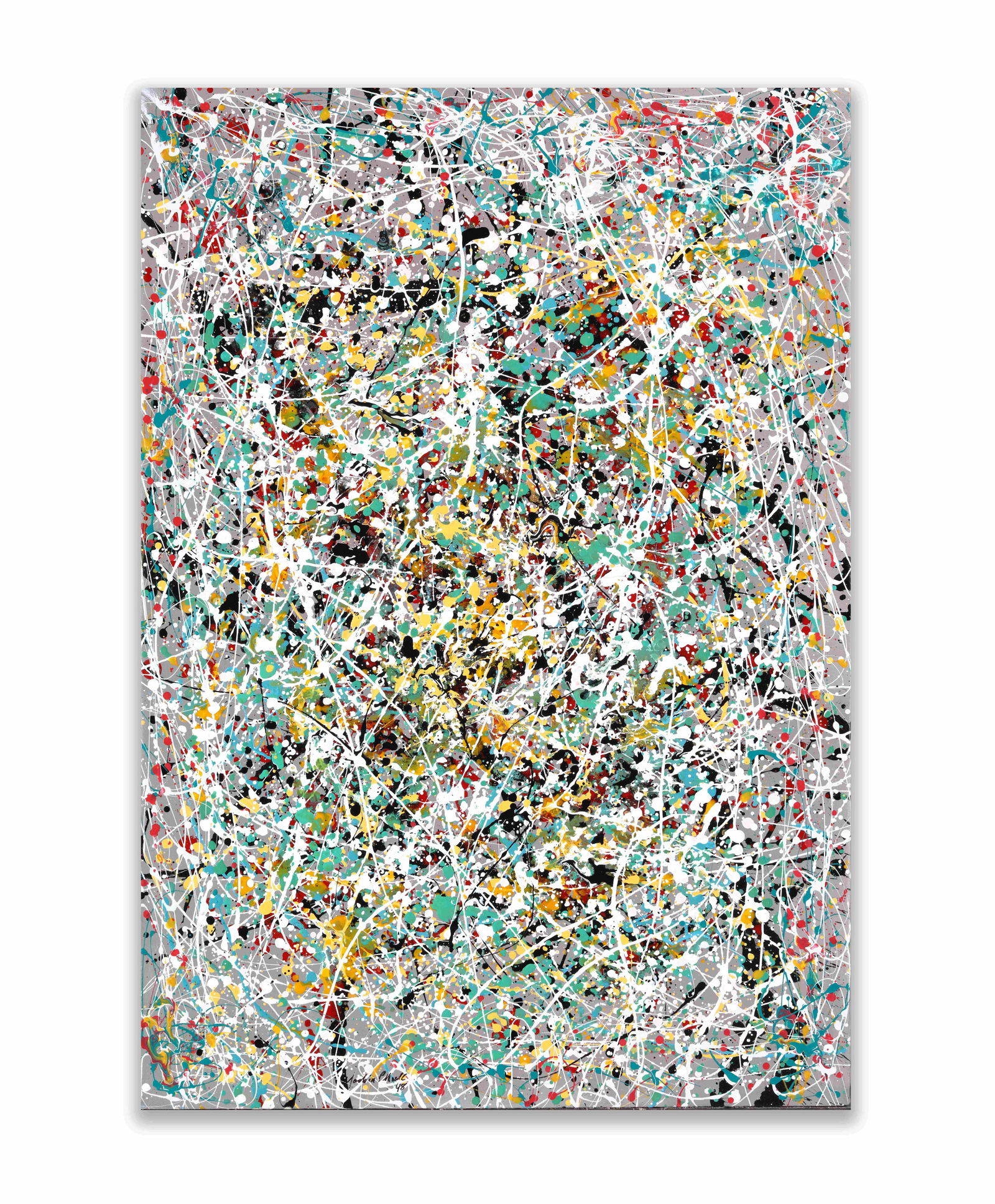 OIL, ENAMEL, AND ALUMINUM PAINT ON CANVAS,IN THE STYLE OF JACKSON POLLOCK (1912-1956): OIL, ENAMEL, AND ALUMINUM PAINT ON CANVAS,IN THE STYLE OF JACKSON POLLOCK (1912-1956)Dimensions:Image size:70 x 100.2 cm. All measured values are approximate.Provenance and Authenticity:This abstract