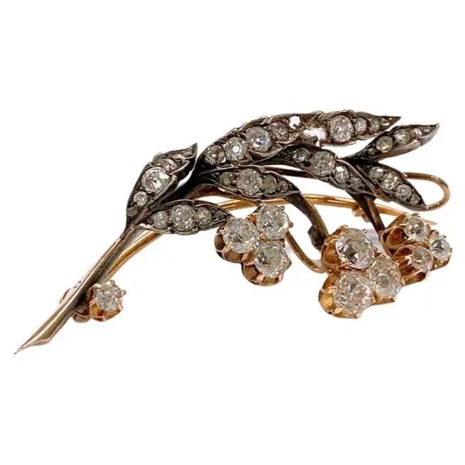 ANTIQUE 1880S LILY OF THE VALLEY OLD MINE CUT DIAMOND RUSSIAN GOLD BROOCH (1 of 6)