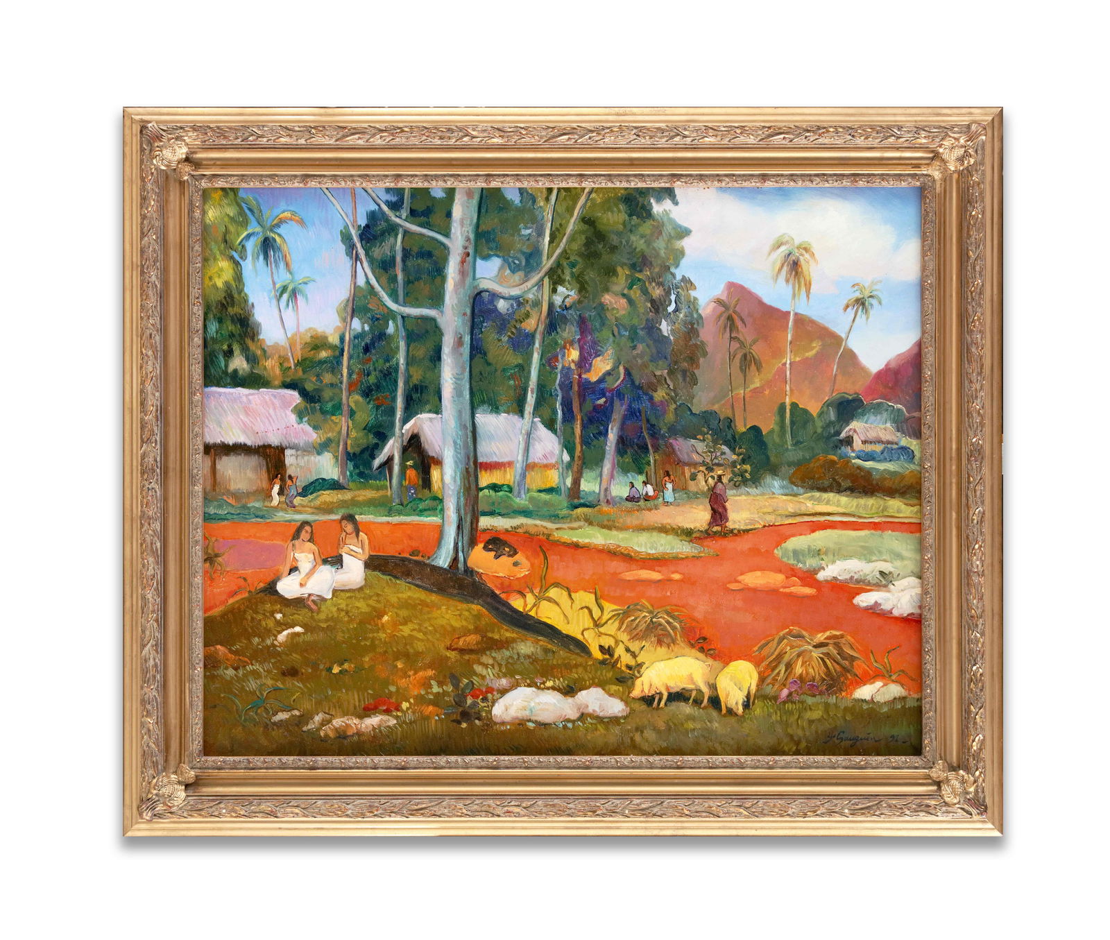 OIL ON CANVAS,IN THE STYLE OF PAUL GAUGUIN (1848-1903): OIL ON CANVAS,IN THE STYLE OF PAUL GAUGUIN (1848-1903)Dimensions:Image size:70 x 88.3 cm. All measured values are approximate. Outer frame size:89 x 106 cm. All measured values are