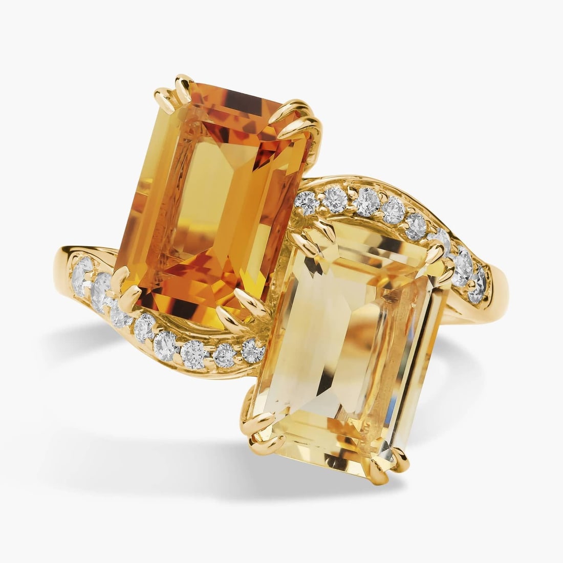 EMERALD CUT CITRINE AND DIAMOND TWO-STONE TOI ET MOI RING IN 14K YELLOW GOLD: EMERALD CUT CITRINE AND DIAMOND TWO-STONE TOI ET MOI RING IN 14K YELLOW GOLDDescription:This exquisite yellow gold two-stone ring features two stunning emerald cut citrine gemstones adorned with