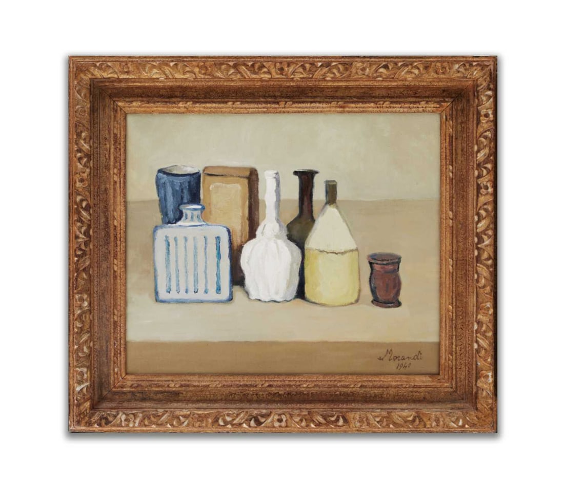 GIORGIO MORANDI(1890-1964),ATTRIBUTED TO ,OIL ON CANVAS: GIORGIO MORANDI(1890-1964),ATTRIBUTED TO ,OIL ON CANVAS Dimensions: Image size: 15 3/4 x 18 3/4 inches.All measured values are approximate. Outer frame size: 22 x 25 inches.All measured values are app
