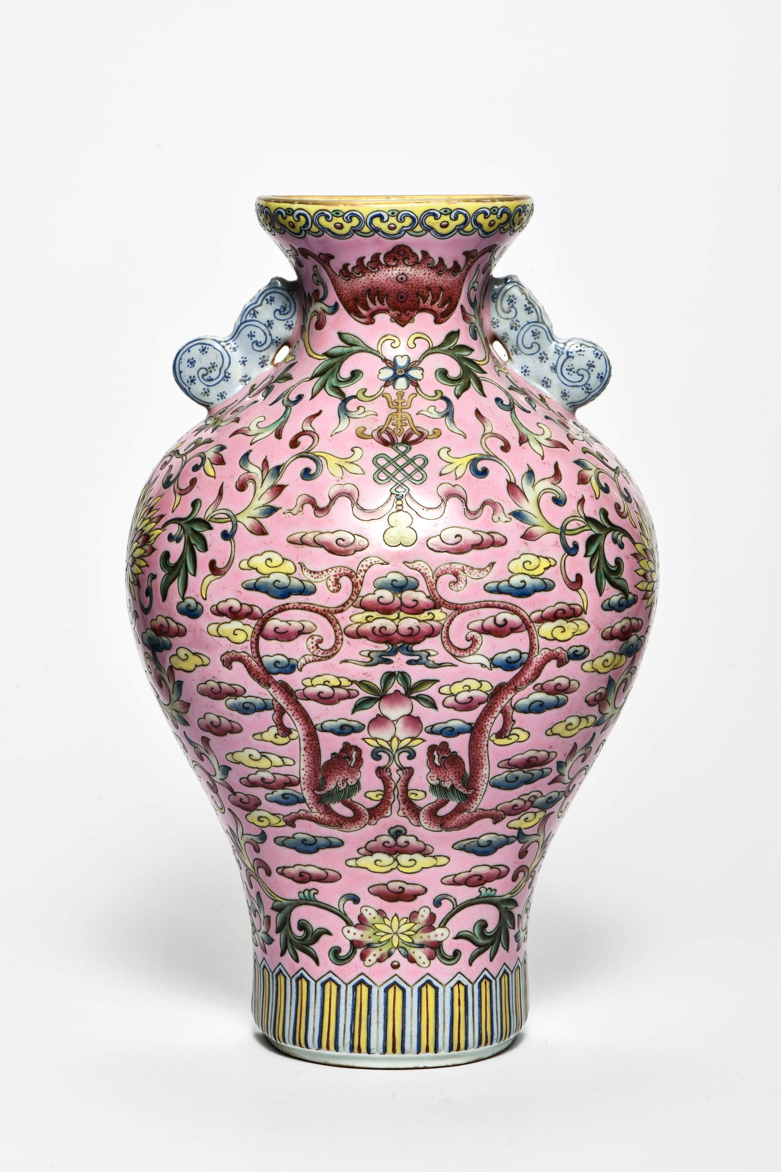 A FAMILLE ROSE 'DRAGONS' TWOHANDLED WALL VASE (1 of 8)