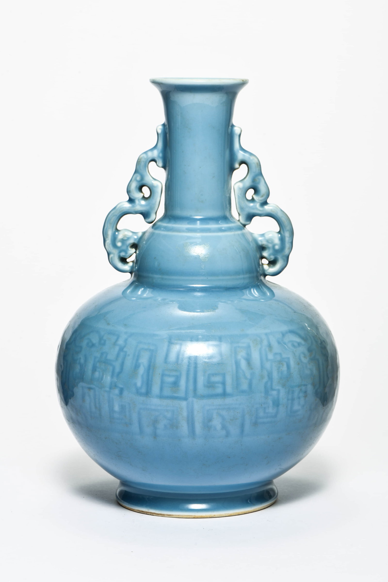 A SKY-BLUE GLAZED TWO-HANDLED VASE (1 of 6)