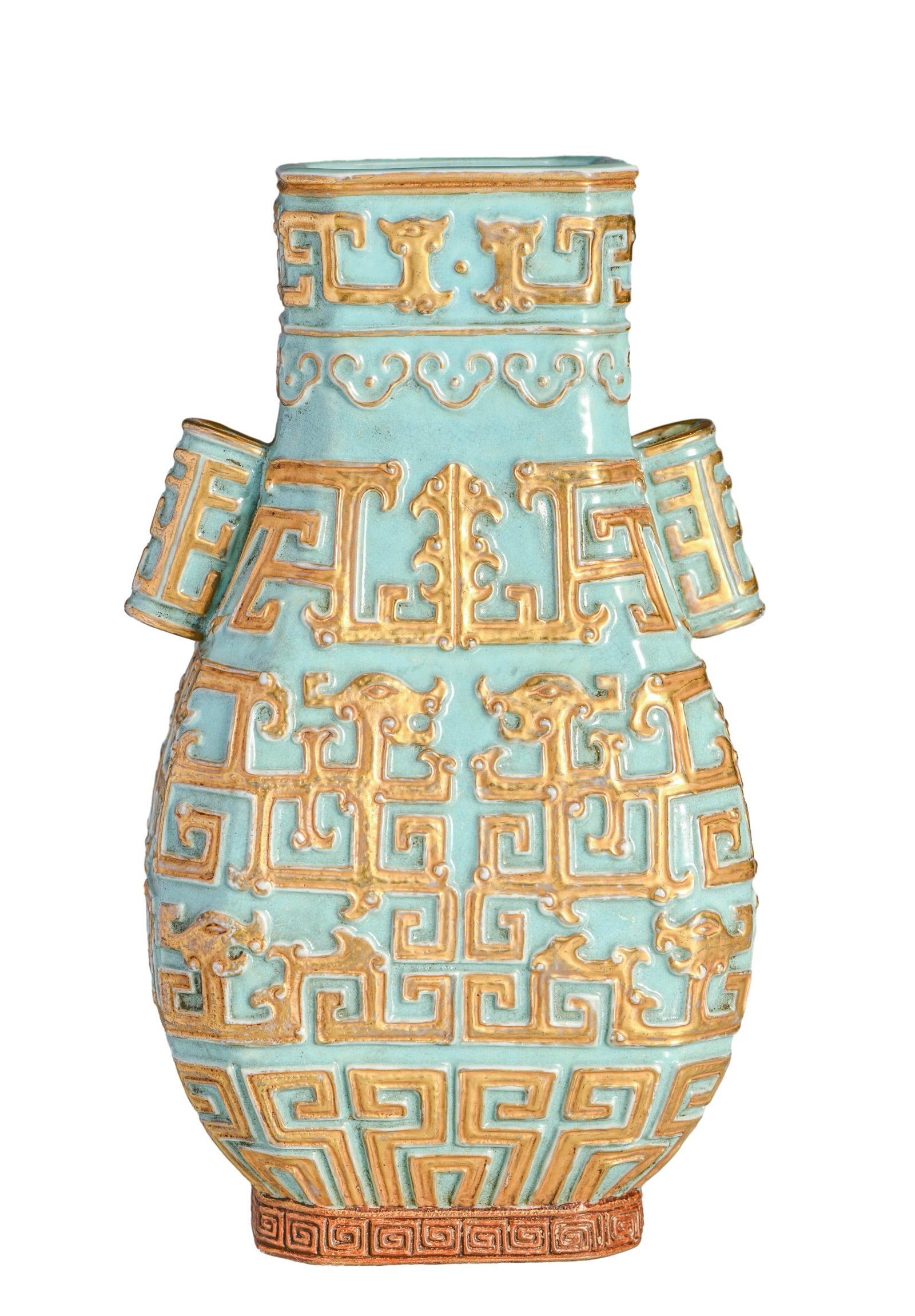A TURQUOISE-GLAZED CARVED WITH GILT-DECORATED 'DRAGON' VASE: A TURQUOISE-GLAZED CARVED WITH GILT-DECORATED 'DRAGON' VASE Dimensions: Width: 9.5 cm (3.7 in.), Height: 17 cm (6.7 in.). All measurements are approximate.