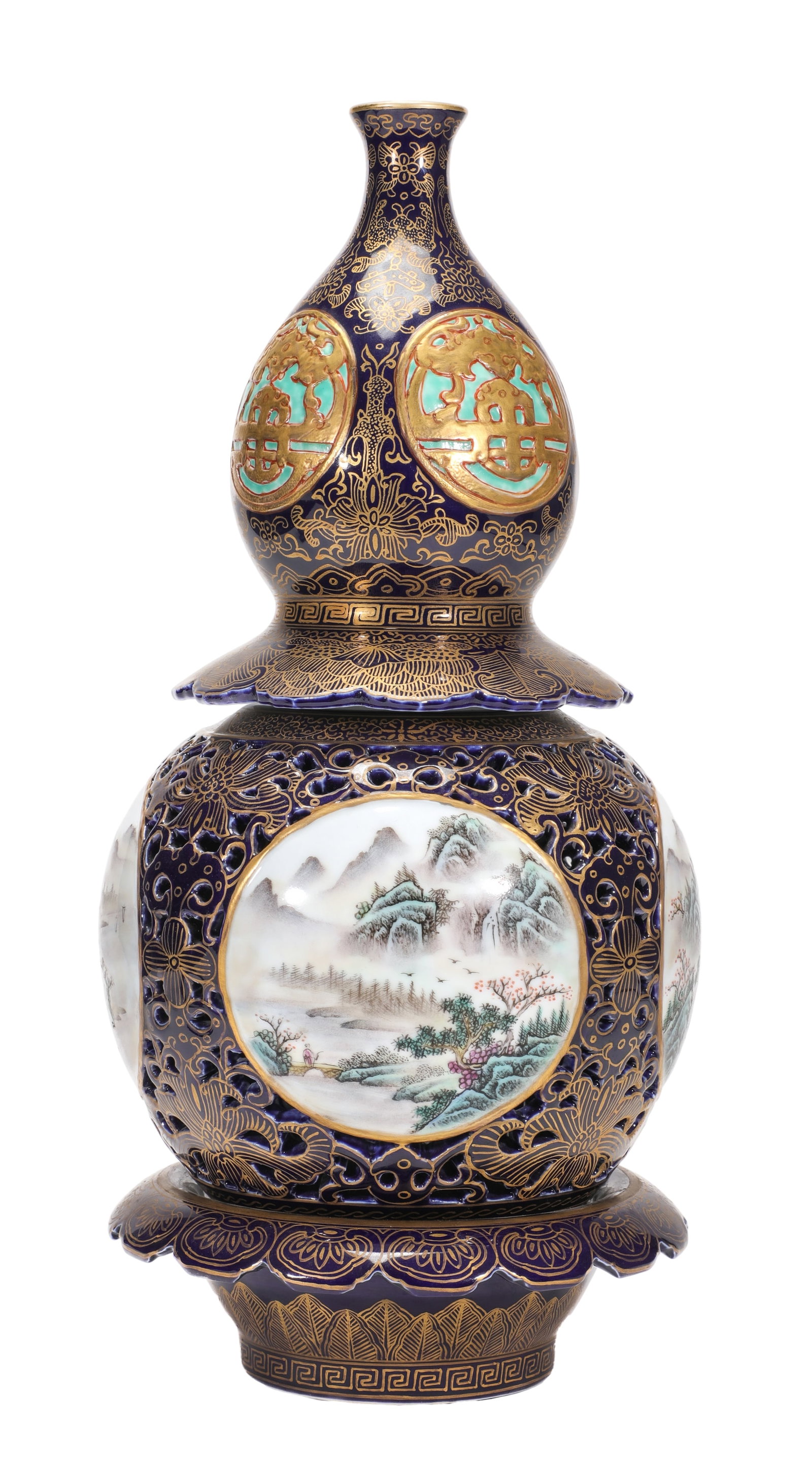 A SKY-BLUE GLAZED WITH GILT AND FAMILLE ROSE 'GOURD' REVOLVING VASE: A SKY-BLUE GLAZED WITH GILT AND FAMILLE ROSE 'GOURD' REVOLVING VASE Dimensions: Width: 20 cm (7.9 in.), Height: 40 cm (15.7 in.). All measurements are approximate.