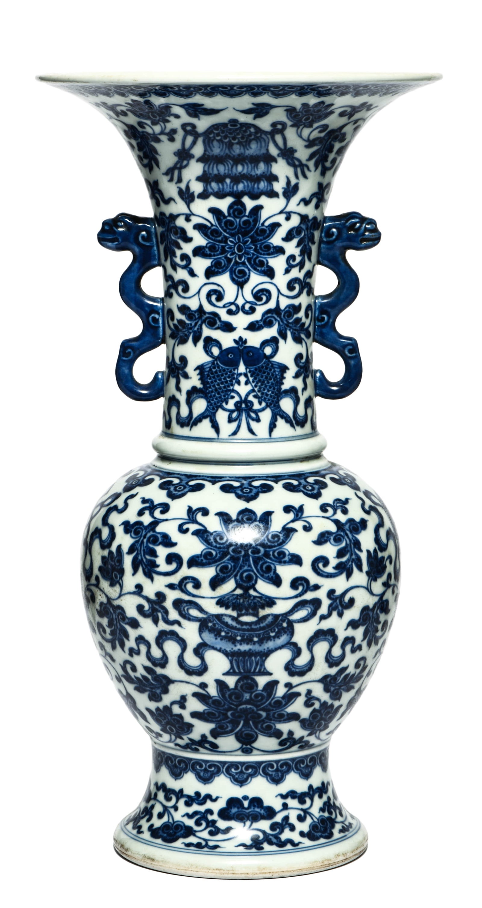 A BLUE AND WHITE 'INTERLOCKING LOTUS' TWO-HANDLED VASE: A BLUE AND WHITE 'INTERLOCKING LOTUS' TWO-HANDLED VASE Dimensions: Length: 19 cm (7.5 in.), Width: 19 cm (7.5 in.), Height: 35.5 cm (14.0 in.). All measurements are approximate.