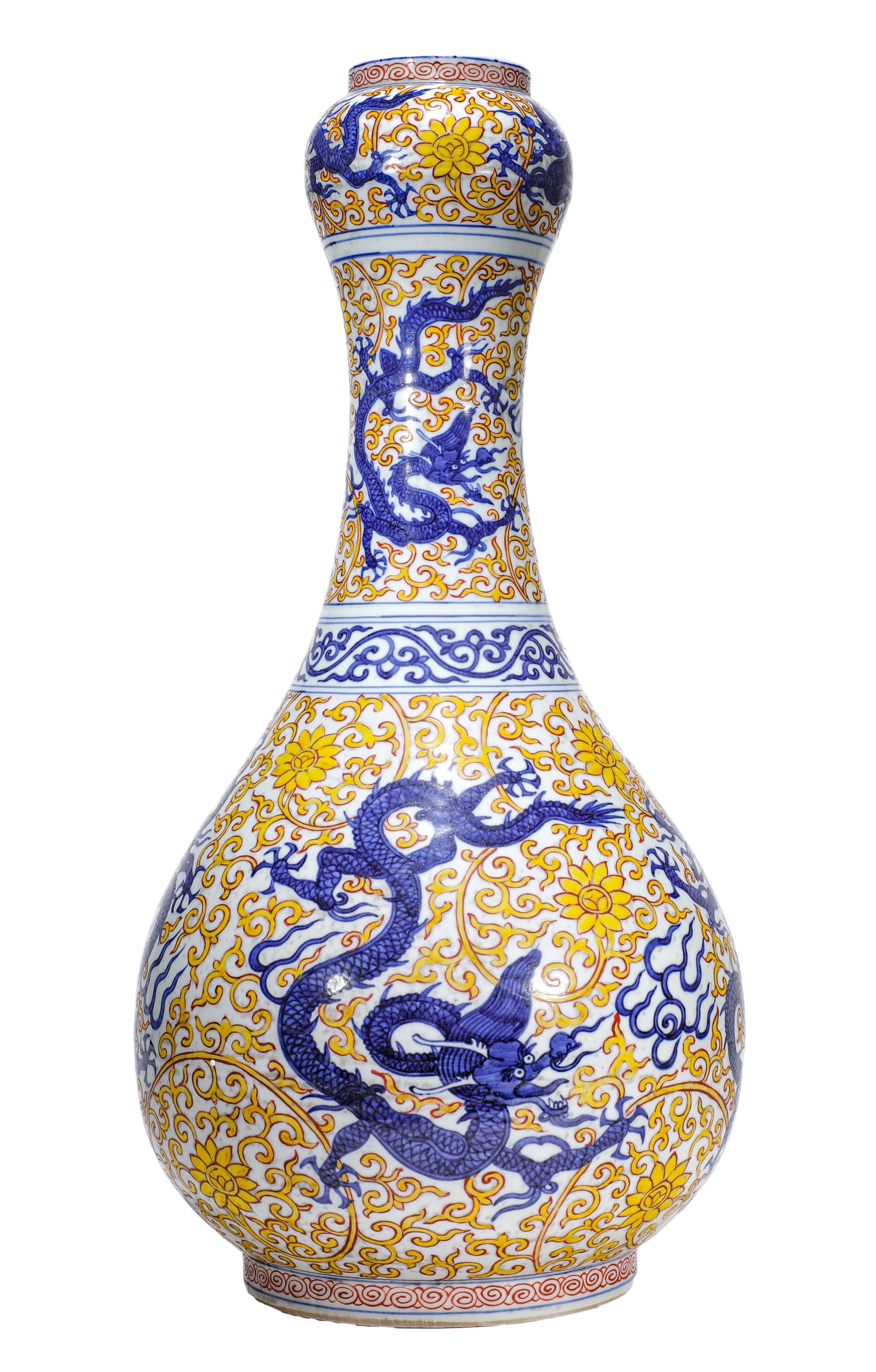 A BLUE AND WHITE WITH WUCAI 'DRAGON' GARLIC-HEAD VASE: A BLUE AND WHITE WITH WUCAI 'DRAGON' GARLIC-HEAD VASE Dimensions: Width: 25 cm (9.8 in.), Height: 53 cm (20.9 in.). All measurements are approximate.