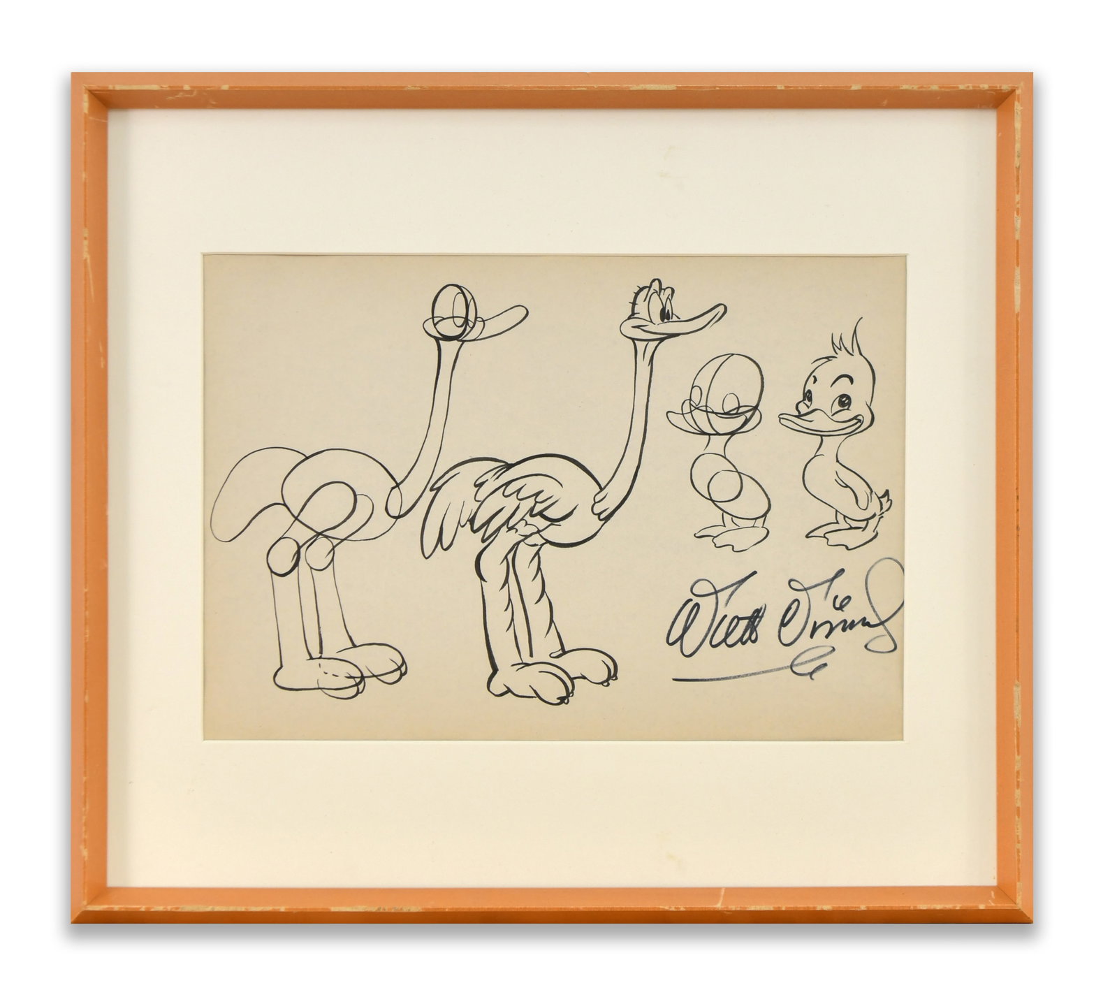 IN THE STYLE OF WALT DISNEY, CHARACTER STUDY ILLUSTRATION WITH OSTRICHES AND DUCK FIGURES (1 of 1)