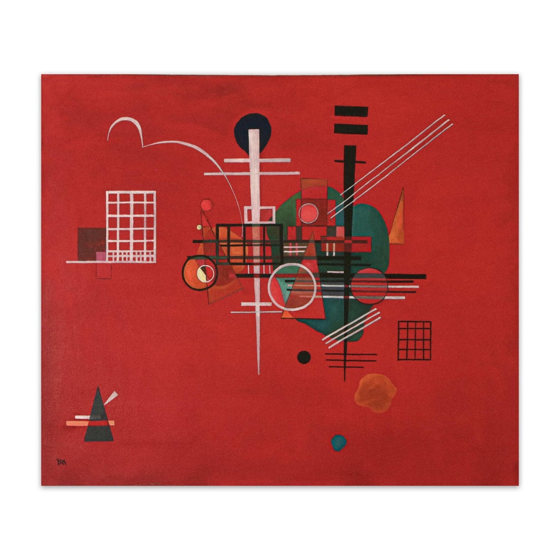 IN THE STYLE OF WASSILY KANDINSKY (1866-1944), OIL ON CANVAS: IN THE STYLE OF WASSILY KANDINSKY (1866-1944), OIL ON CANVAS Dimensions: Image size: 65.7 x 76.5 cm. All measured values are approximate. Description: A red-ground abstraction with geometric lines,
