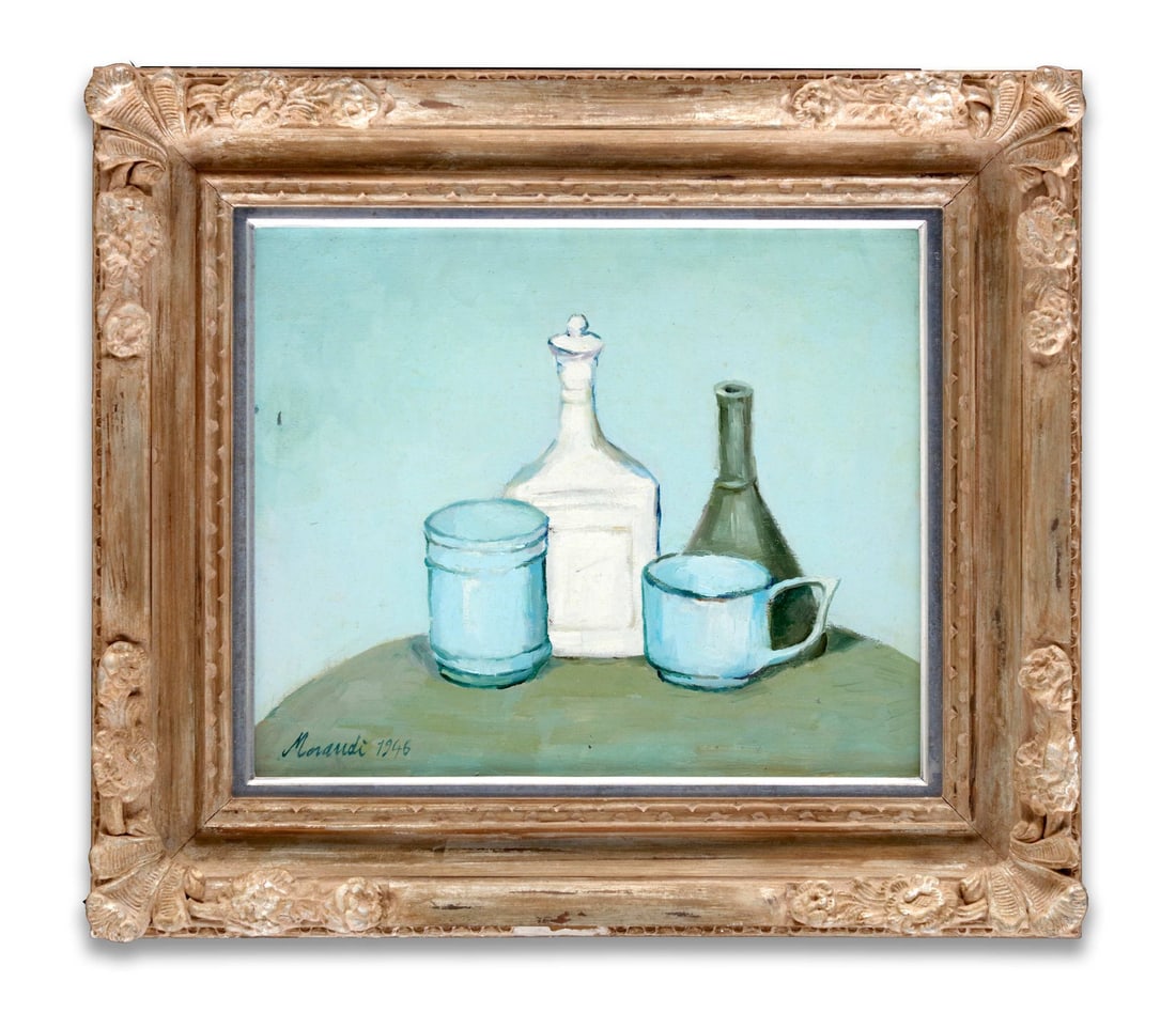 IN THE STYLE OF GIORGIO MORANDI (1890-1964), OIL ON CANVAS: IN THE STYLE OF GIORGIO MORANDI (1890-1964), OIL ON CANVAS Dimensions: Image size: 38 x 45 cm. All measured values are approximate. Outer frame size: 56.7 x 64.4 cm. All measured values are